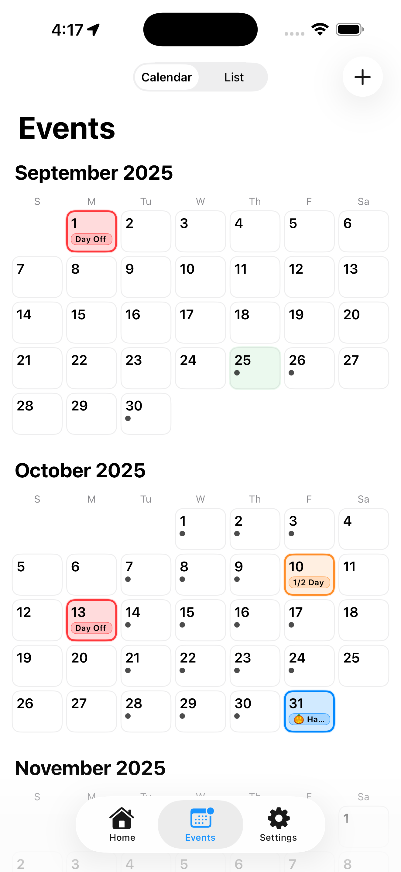 Calendar view screenshot